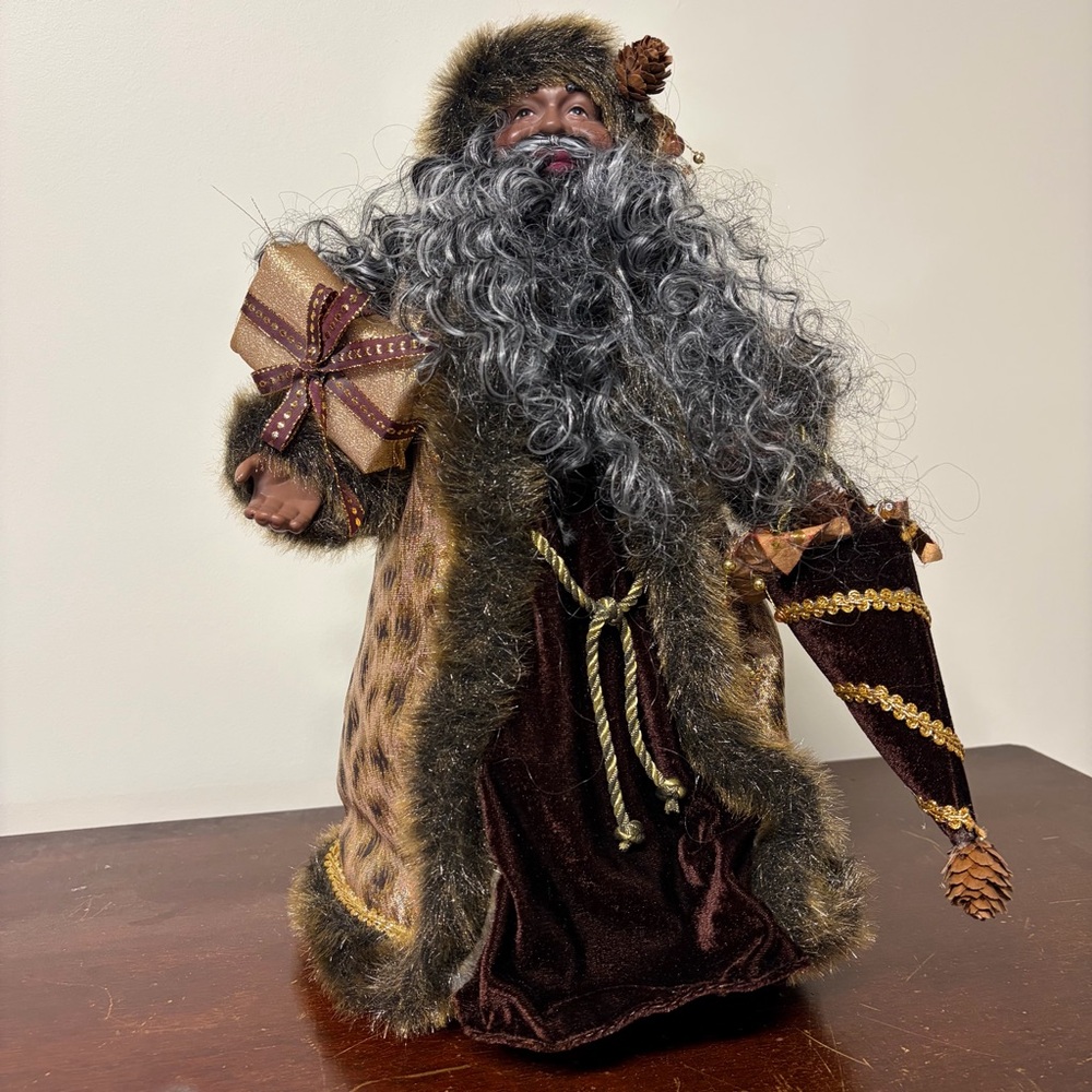African American Santa Father Christmas Holiday Festive Doll Figure Tree Topper